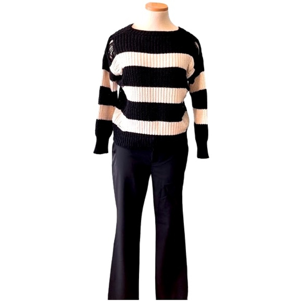 Sandro Stripe Distressed Knit Sweater, Black & Cream, size EU 2/Med, US 4-6 - Picture 7 of 16